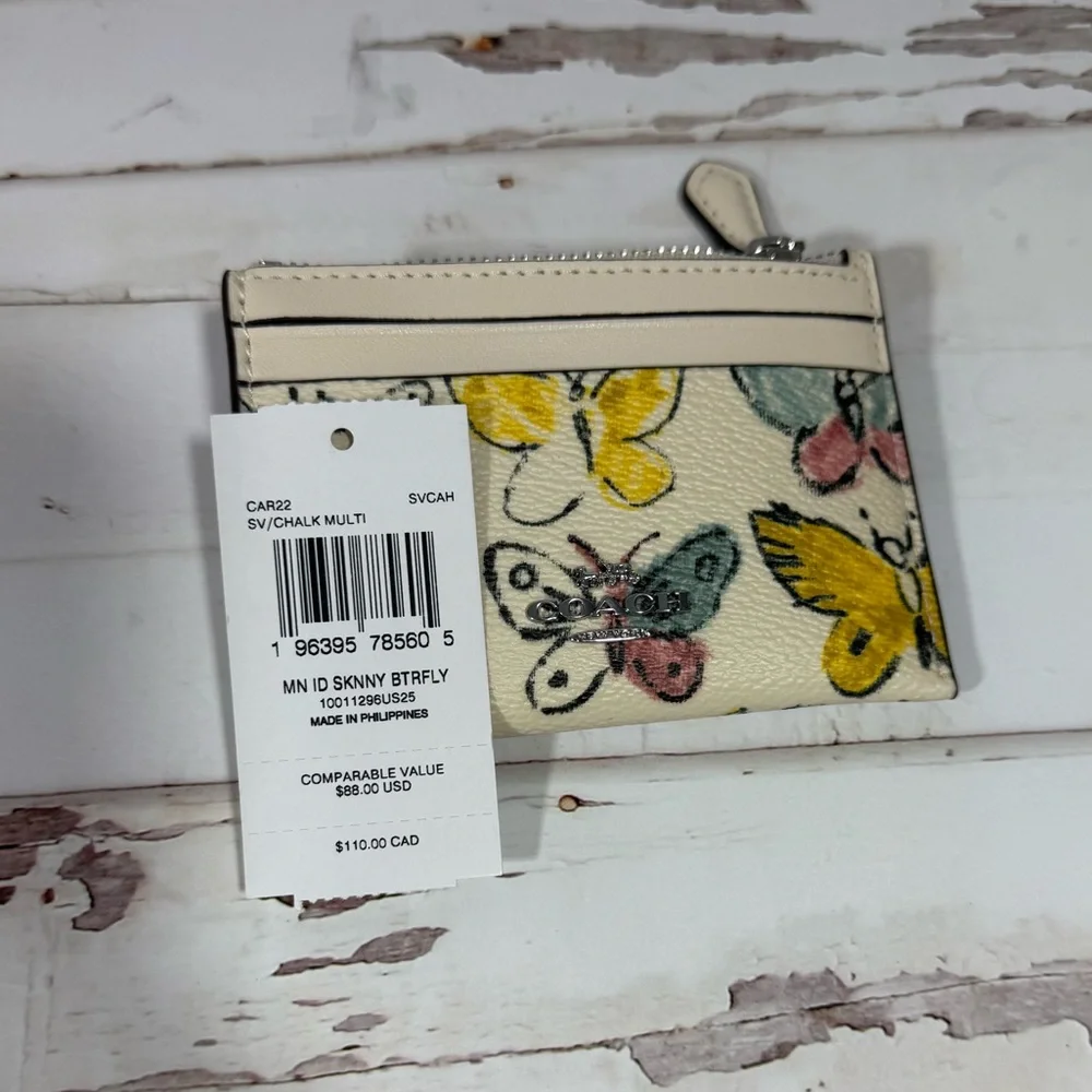 NWT Coach Mini Skinny Id Case With Butterfly Print Yellow